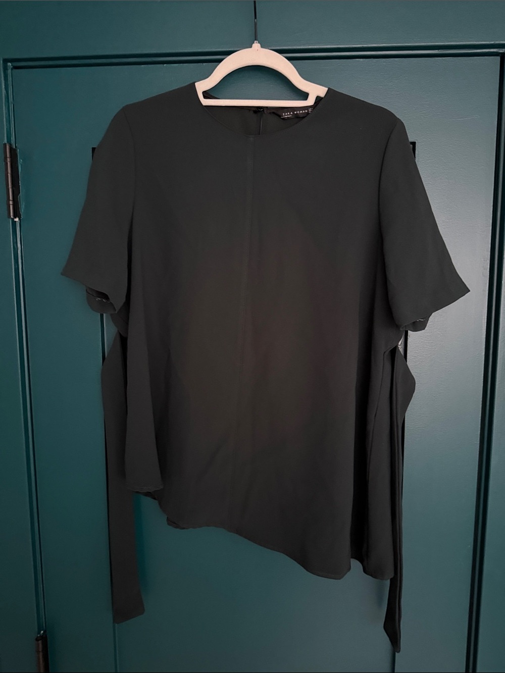 Zara Dark Green Asymmetrical Short-Sleeve Blouse